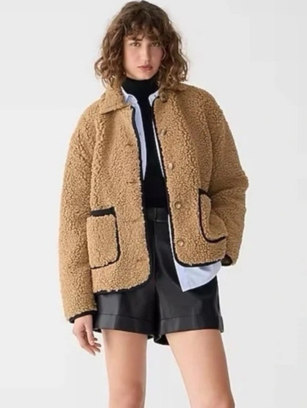 J. Crew Tan Faux Sherpa Barn Jacket Black Trim Cabincore Fall Winter Cozy 3X